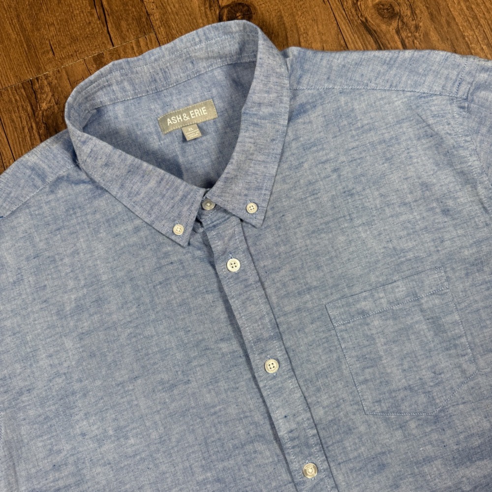 Ash & Erie Linen Shirt Mens XL Light Blue Short Sleeve Button Down Dress Casual